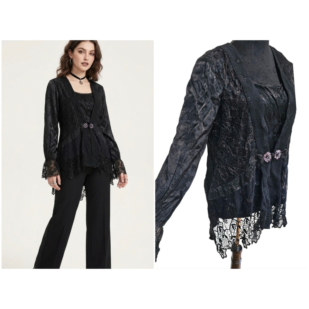 VTG‎ Spencer Alexis 2pc Lace Cardigan Tank Set Womens 10 Black Floral Romantic